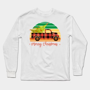 Merry Christmas Truck Tree Red Plaid Long Sleeve T-Shirt